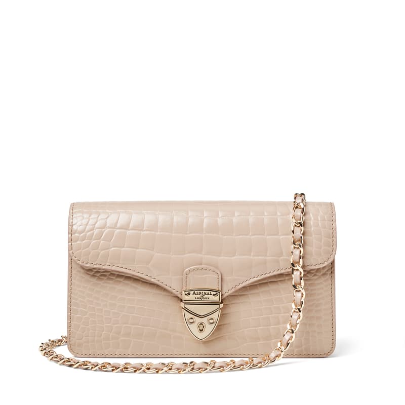 Aspinal of London Mayfair Clutch Bag in Soft Taupe Patent Croc