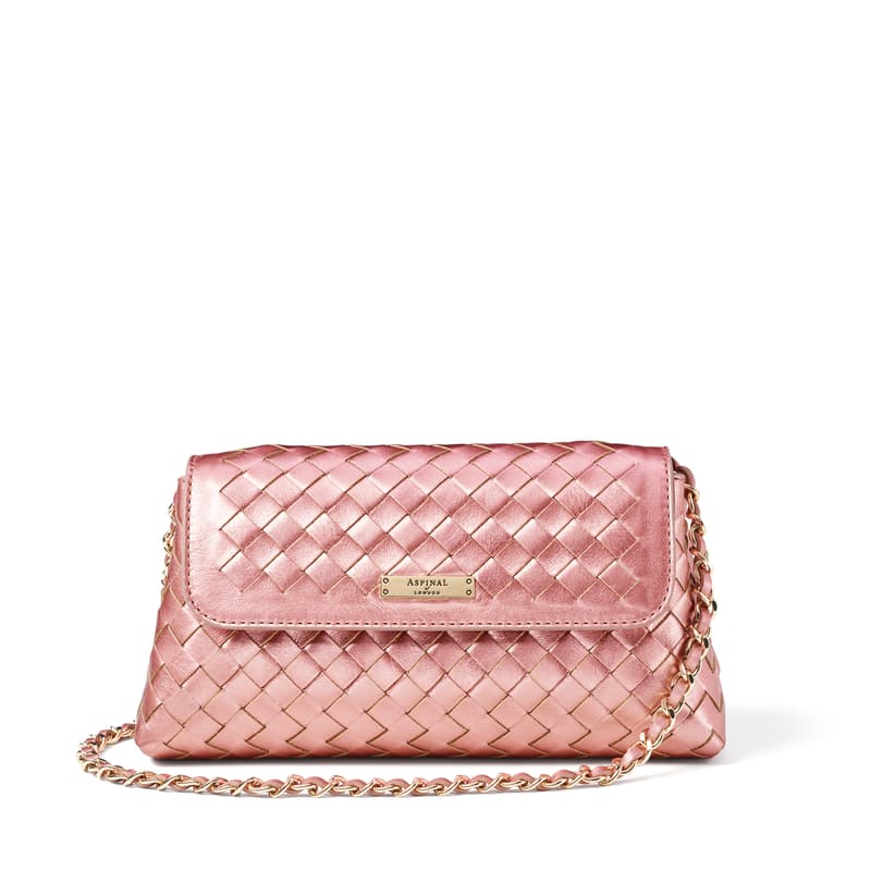 Aspinal of London Sunrise Sunset Clutch Bag in Blush Pink Metallic Woven Leather