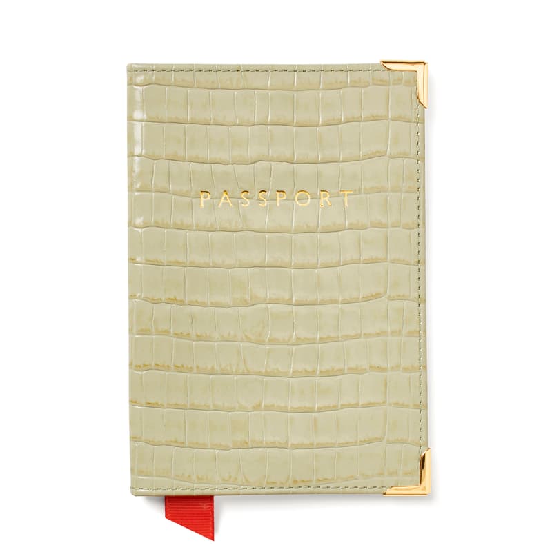 Aspinal of London Passport Cover in Deep Shine Pistachio Small Croc Aspinal of London Passport Cover in Deep Shine Pistachio Small Croc