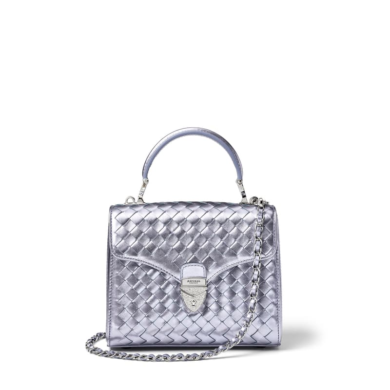 Aspinal of London Midi Mayfair Woven Leather Bag in Blue Metallic Woven Leather Aspinal of London Midi Mayfair Woven Leather Bag in Blue Metallic Woven Leather