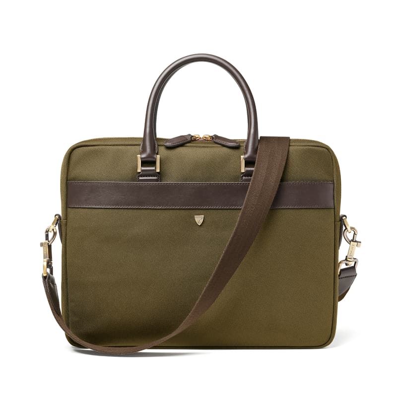 Aspinal of London Slim Nylon Briefcase Bag in Khaki Leather-Trim Nylon Canvas
