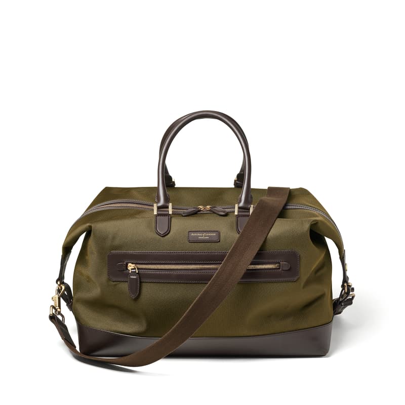Aspinal of London Men’s Weekend Bag in Khaki Leather-Trim Nylon Canvas