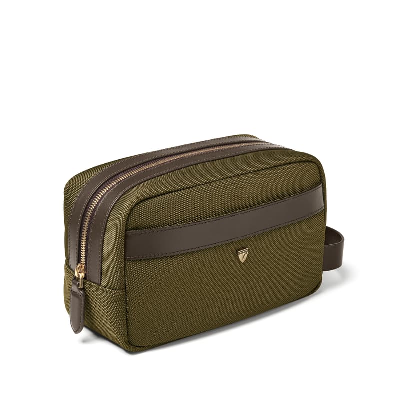 Aspinal of London Men’s Wash Bag in Khaki Leather-Trim Nylon Canvas