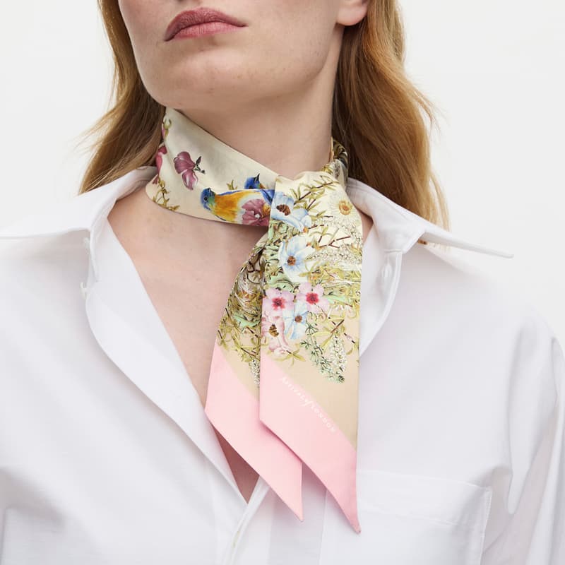 Aspinal of London Edwardian Garden Skinny Silk Scarf in Putty Pure Silk