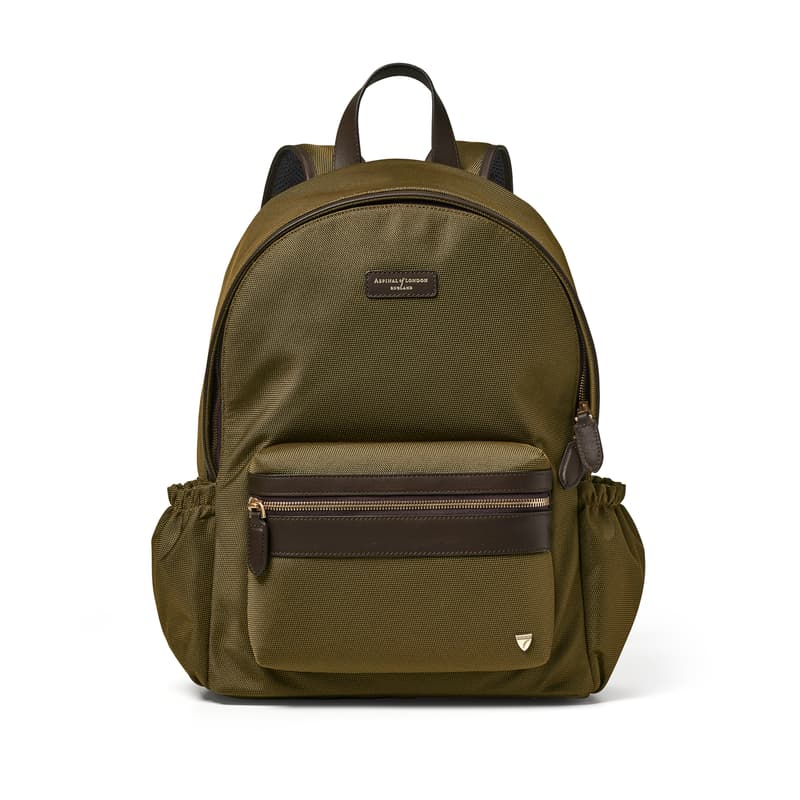 Aspinal of London Men's Backpack in Khaki Leather-Trim Nylon Canvas Aspinal of London Men's Backpack in Khaki Leather-Trim Nylon Canvas