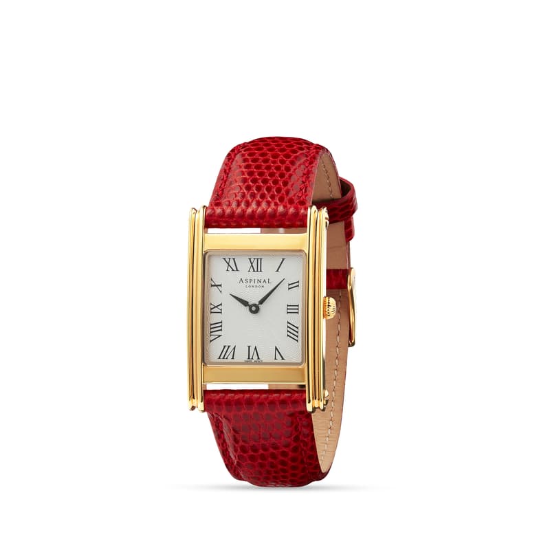 Aspinal of London The Mayfair Watch in Red Lizard & 23ct Gold Plated