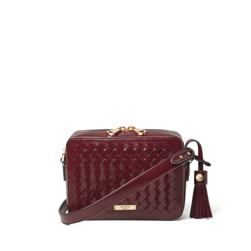 Aspinal of London Camera Crossbody in Merlot Woven Leather Aspinal of London Camera Crossbody in Merlot Woven Leather