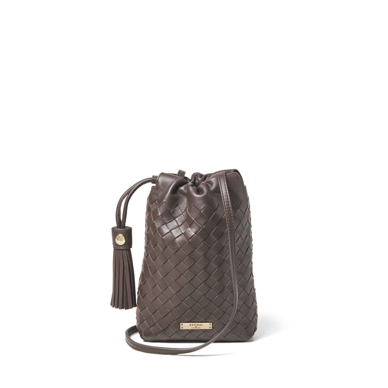Aspinal of London Hudson Crossbody Pouch in Chocolate Woven Leather