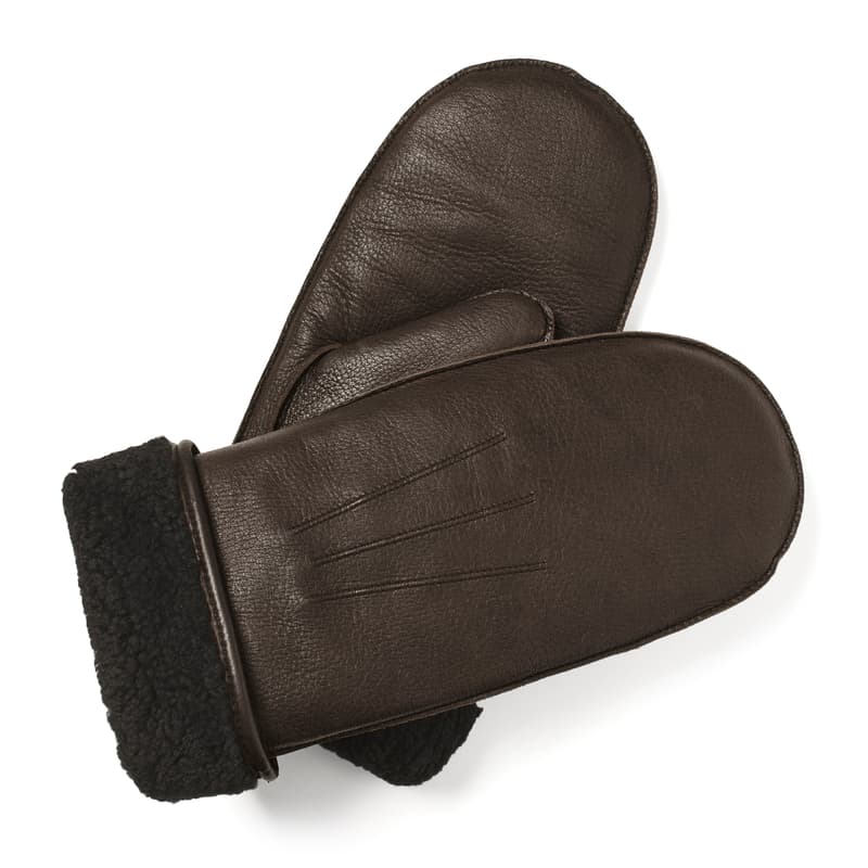 Aspinal of London Women's Shearling Lined Leather Mittens in Chocolate Deerskin