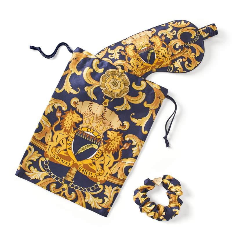 Aspinal of London Silk Eye Mask Set in Navy Signature Shield Pure Silk