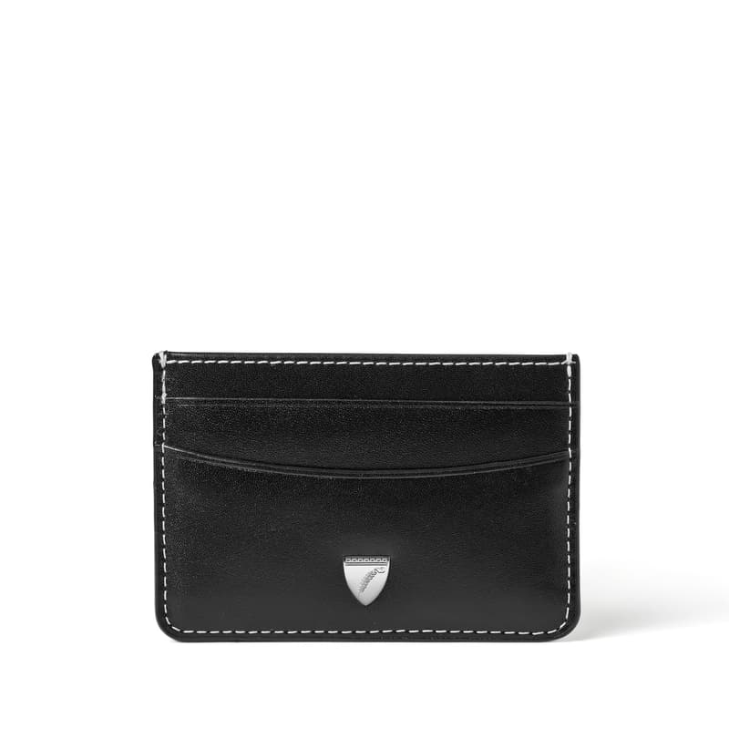 Aspinal of London Slim Credit Card Holder in Smooth Black with Ecru Stitching
