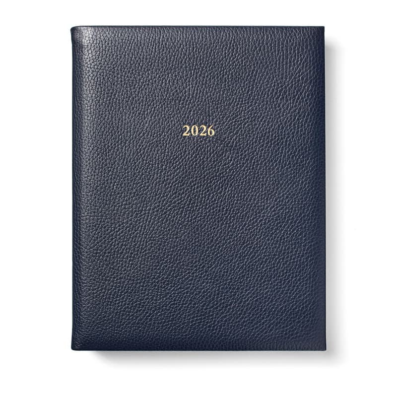 Aspinal of London 2026 A4 Day to Page Leather Diary in Navy Pebble
