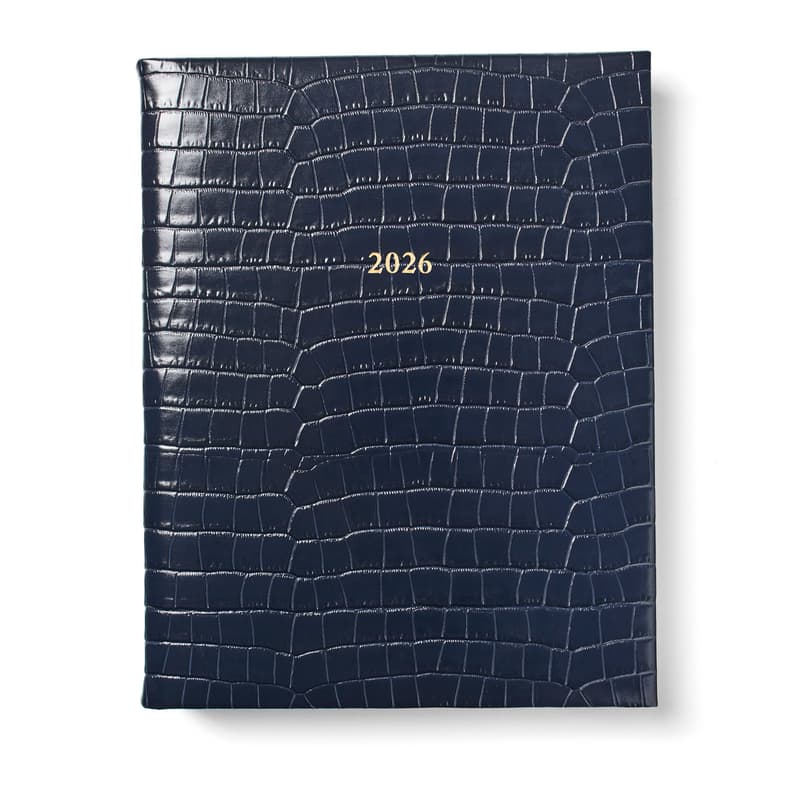 Aspinal of London 2026 A4 Day to Page Leather Diary in Deep Shine Navy Small Croc