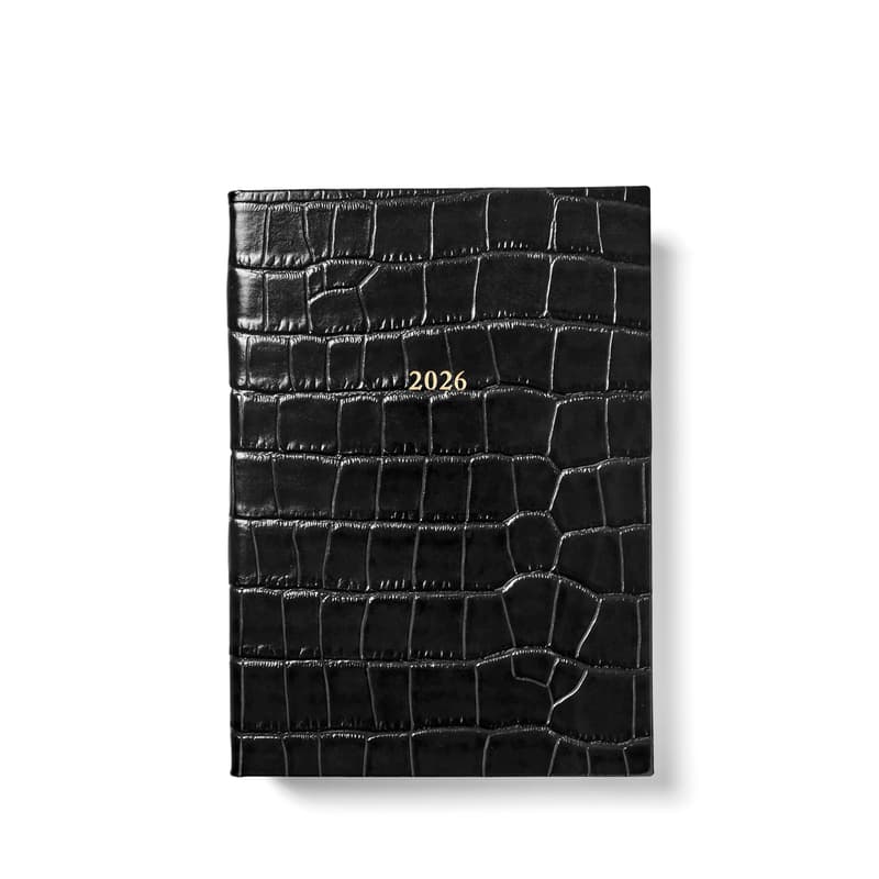 Aspinal of London 2026 A5 Week to View Leather Diary in Deep Shine Black Croc