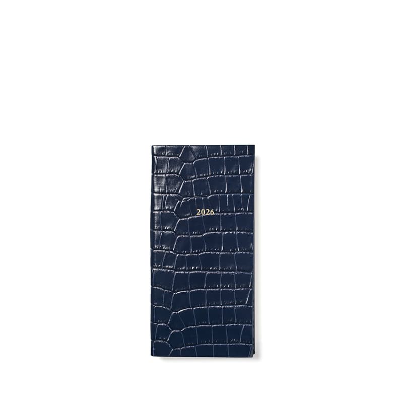 Aspinal of London 2026 Slim Pocket Leather Diary in Deep Shine Navy Small Croc