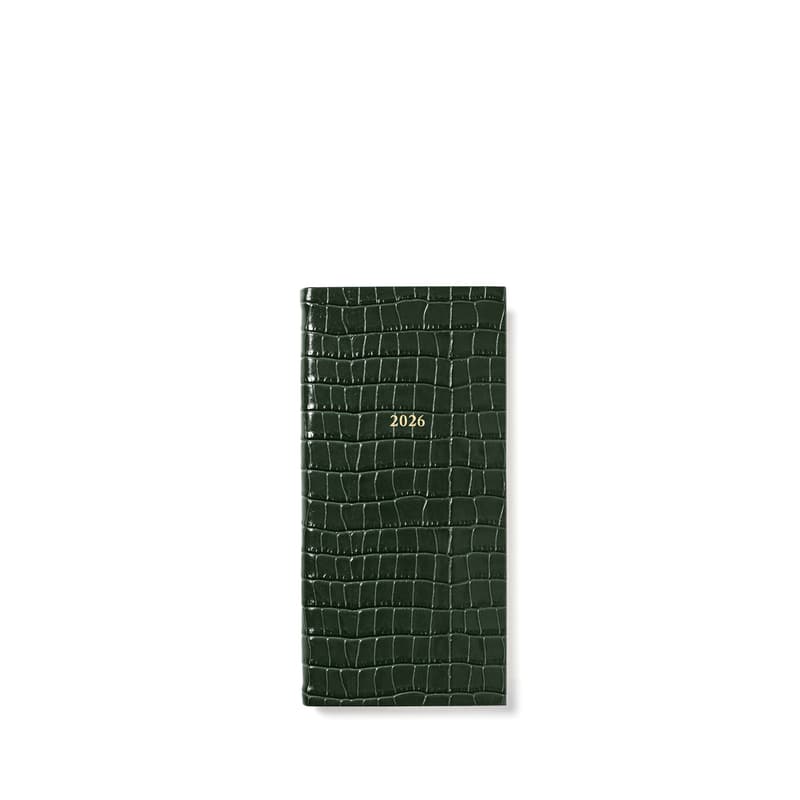 Aspinal of London 2026 Slim Pocket Leather Diary in Deep Shine Evergreen Small Croc
