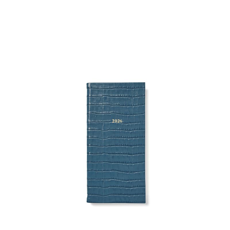 Aspinal of London 2026 Slim Pocket Leather Diary in Deep Shine Peacock Blue Small Croc