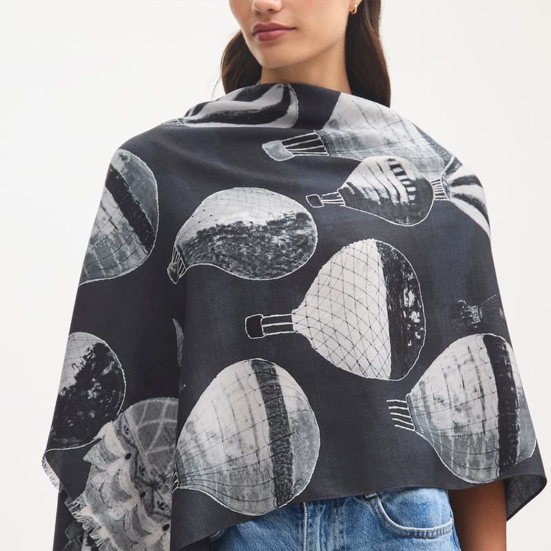 Aspinal of London Large Merino Wool Scarf in Monochrome Hot Air Balloon