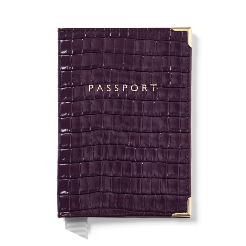 Aspinal of London Passport Cover in Deep Shine Fig Small Croc