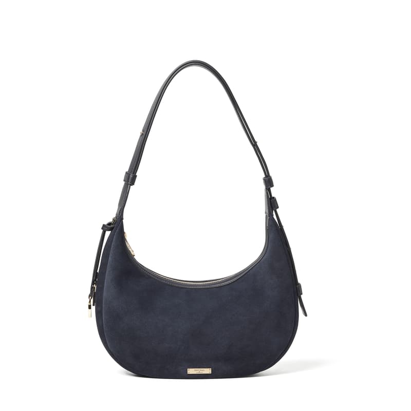 Aspinal of London Hudson Small Crescent in French Navy Suede
