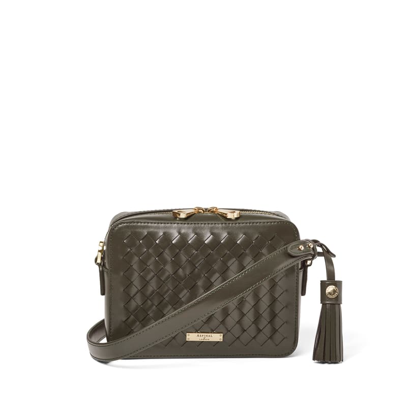 Aspinal of London Camera Crossbody in Evergreen Woven Leather