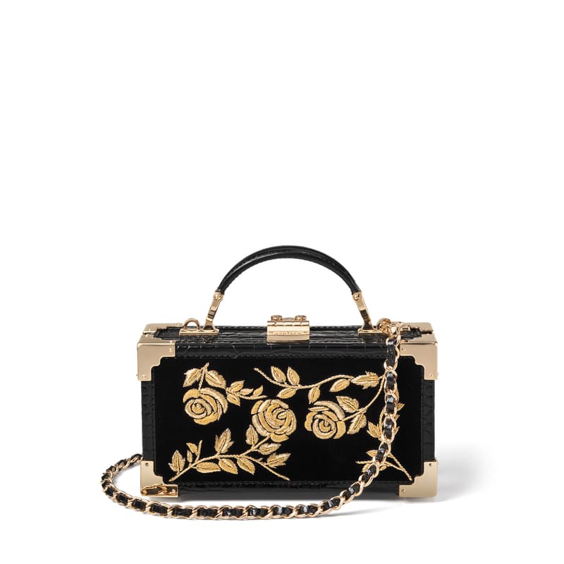 Aspinal of London Trinket Box in Gold Rose Hand Embroidery on Black Velvet Aspinal of London Trinket Box in Gold Rose Hand Embroidery on Black Velvet