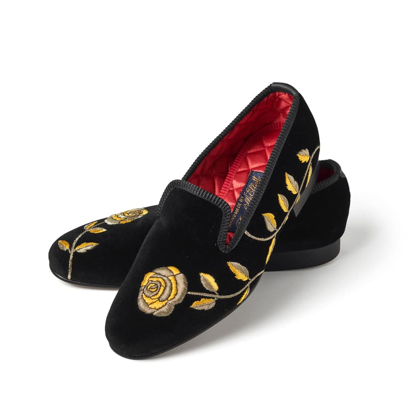 Aspinal of London Patrick McDowell Slippers in Gold Rose Hand Embroidery on Black Velvet