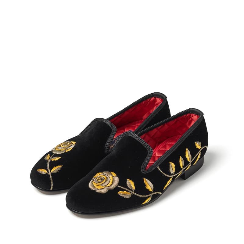 Aspinal of London Patrick McDowell Slippers in Gold Rose Hand Embroidery on Black Velvet view 2