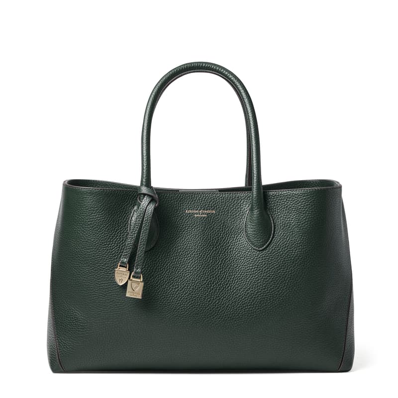 Aspinal of London Tote in Alpine Green Pebble with Engravable Charm