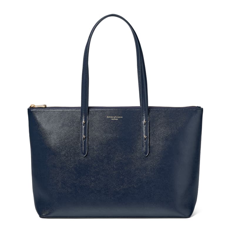 Aspinal of London Zipped Regent Tote in Navy Saffiano Aspinal of London Zipped Regent Tote in Navy Saffiano