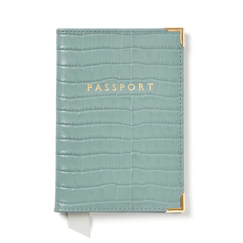 Aspinal of London Passport Cover in Deep Shine Cornflower Blue Small Croc