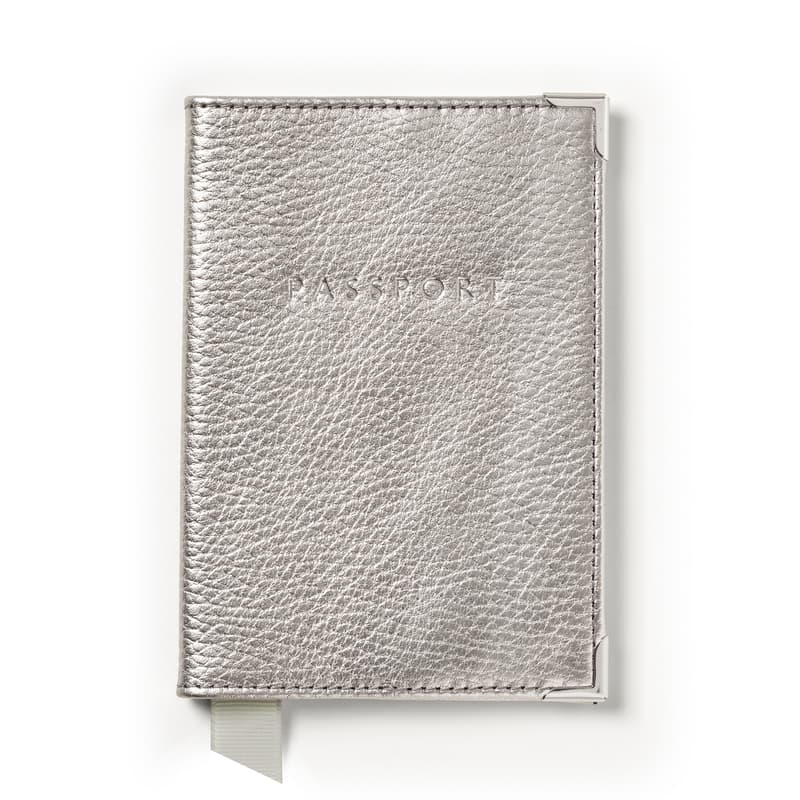 Aspinal of London Passport Cover in Silver Pebble Leather