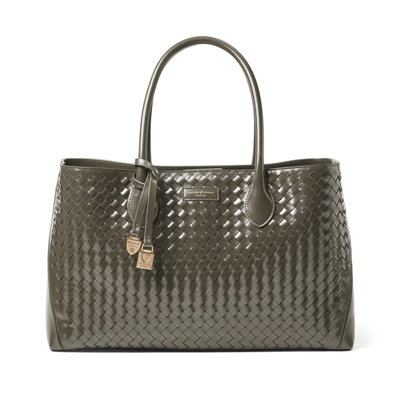 Aspinal of London Tote in Evergreen Woven Leather with Engravable Charm
