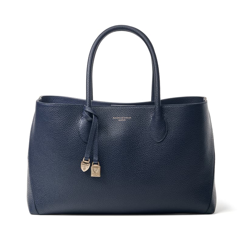 Aspinal of London Tote in Navy Pebble with Engravable Charm Aspinal of London Tote in Navy Pebble with Engravable Charm