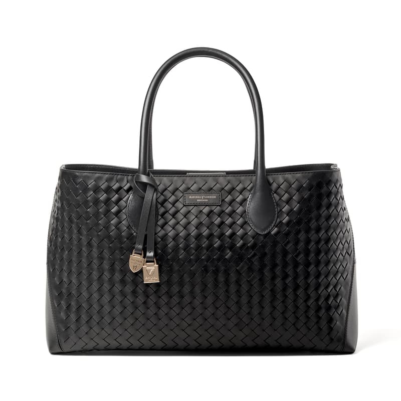 Aspinal of London Tote in Black Woven Leather with Engravable Charm