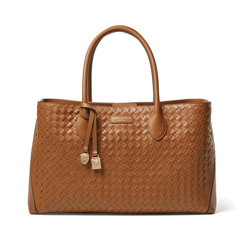 Aspinal of London Tote in Tan Woven Leather with Engravable Charm