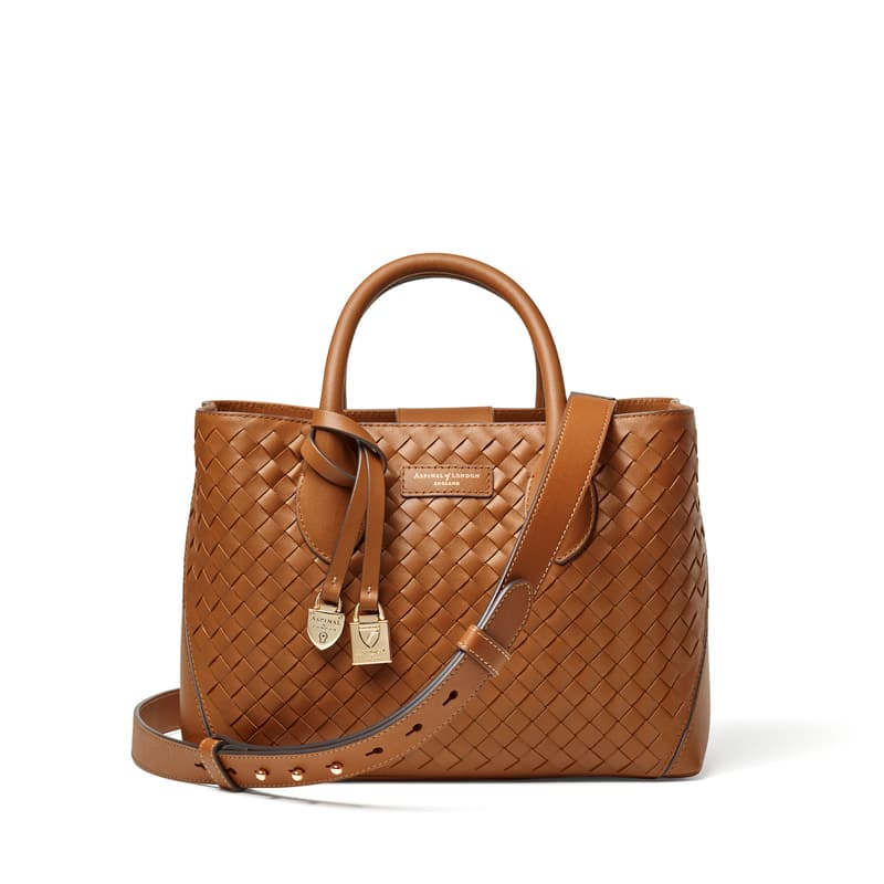 Aspinal of London Midi London Tote in Tan Woven Leather with Engravable Charm