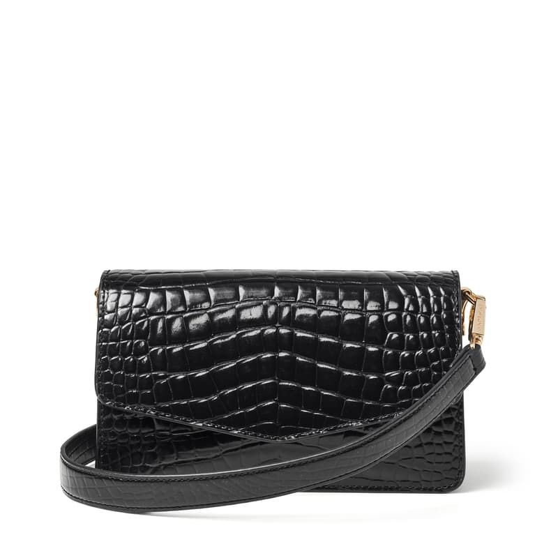 Aspinal of London Eliza Clutch in Black Patent Croc