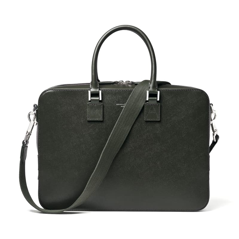 Aspinal of London Mount Street Laptop Briefcase in Forest Green Saffiano