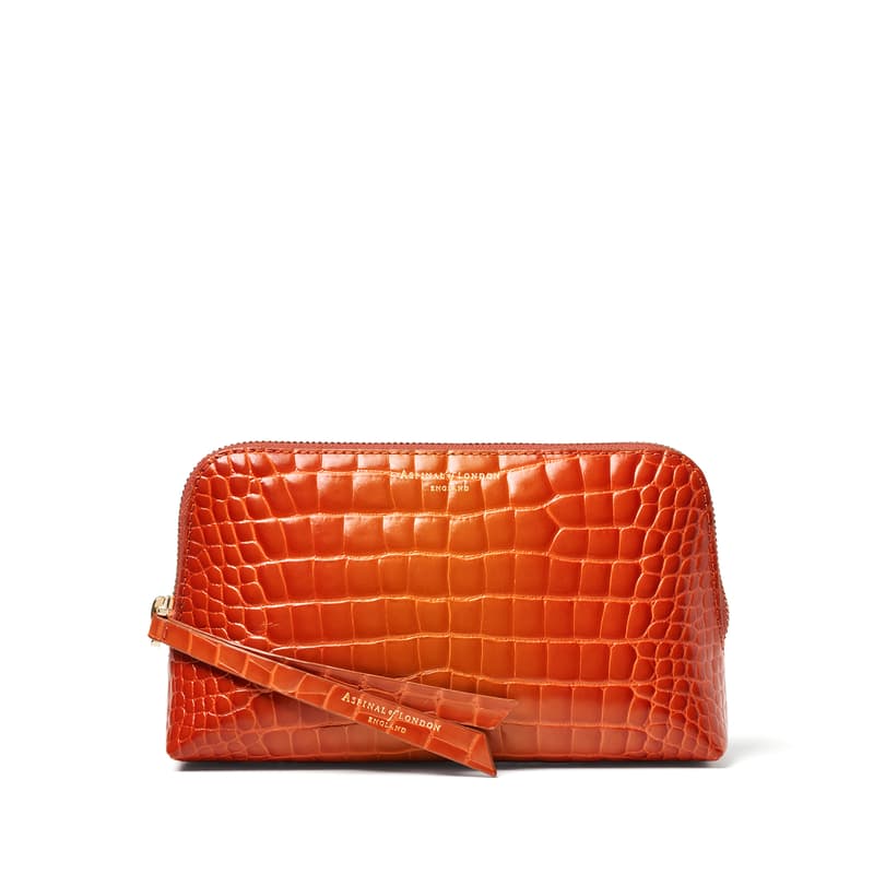 Aspinal of London Small Essential Cosmetic Case in Deep Shine Marmalade Ombre Croc