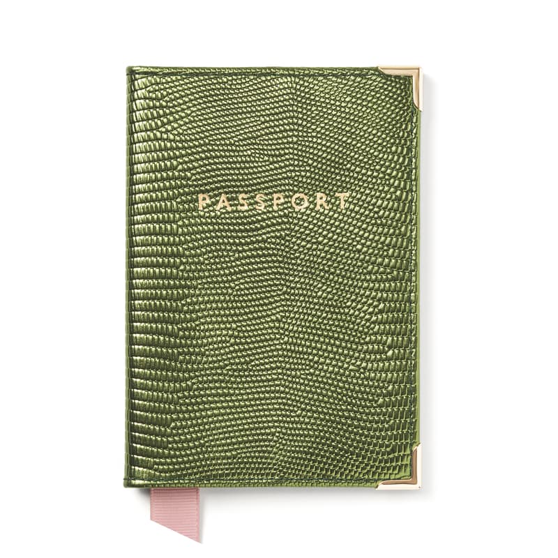Aspinal of London Passport Cover in Verdant Green Metallic Lizard