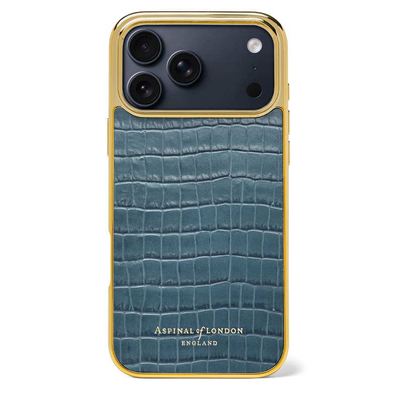 Aspinal of London iPhone 17 Pro Max Case in Deep Shine Peacock Blue Small Croc Aspinal of London iPhone 17 Pro Max Case in Deep Shine Peacock Blue Small Croc
