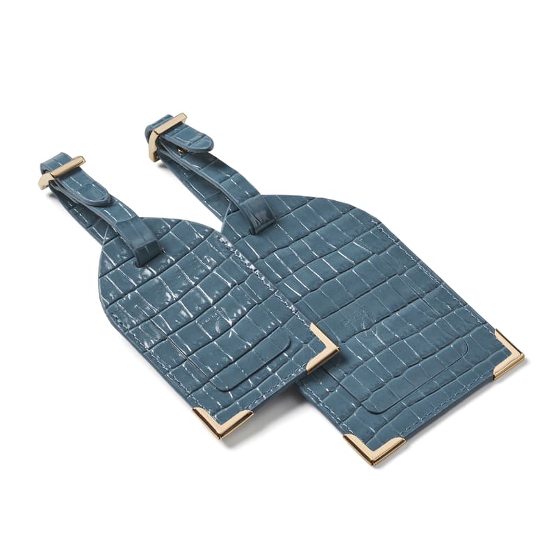 Aspinal of London Set of 2 Luggage Tags in Deep Shine Peacock Blue Small Croc