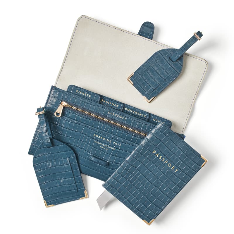 Aspinal of London Travel Collection in Deep Shine Peacock Blue Small Croc