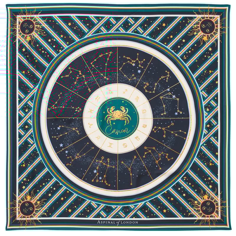 Aspinal of London Cancer Zodiac Silk Scarf in Navy