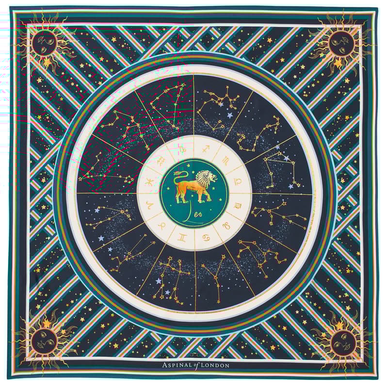 Aspinal of London Leo Zodiac Silk Scarf in Navy