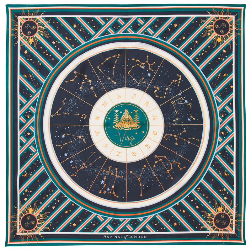Aspinal of London Virgo Zodiac Silk Scarf in Navy