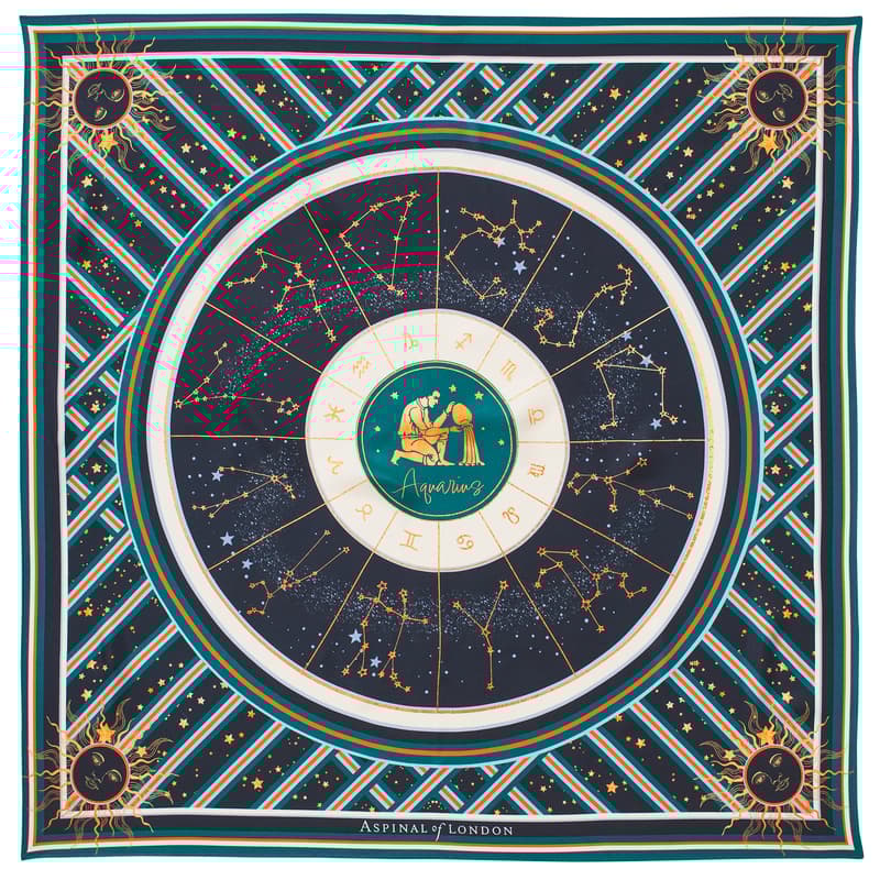 Aspinal of London Aquarius Zodiac Silk Scarf in Navy