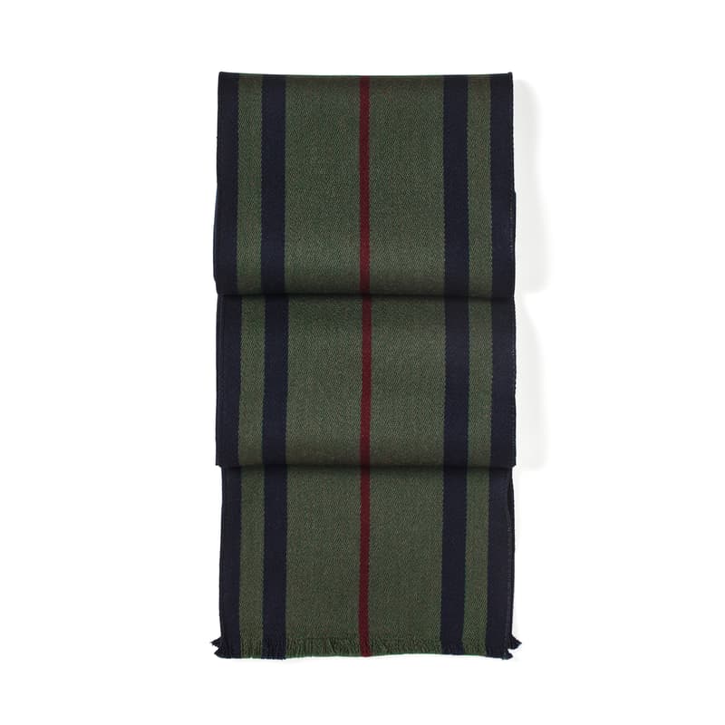 Aspinal of London Striped Merino Wool Scarf in Evergreen, Merlot & Navy Merino Wool Aspinal of London Striped Merino Wool Scarf in Evergreen, Merlot & Navy Merino Wool