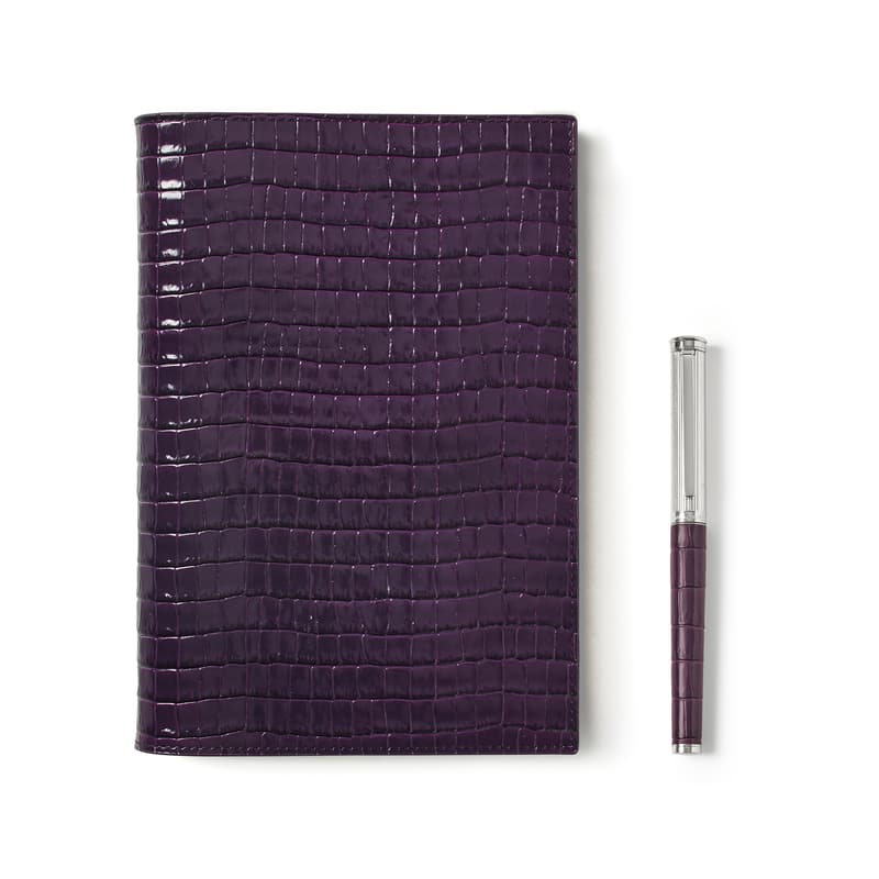 Aspinal of London A5 Refillable Journal & Pen Set in Deep Shine Fig Small Croc